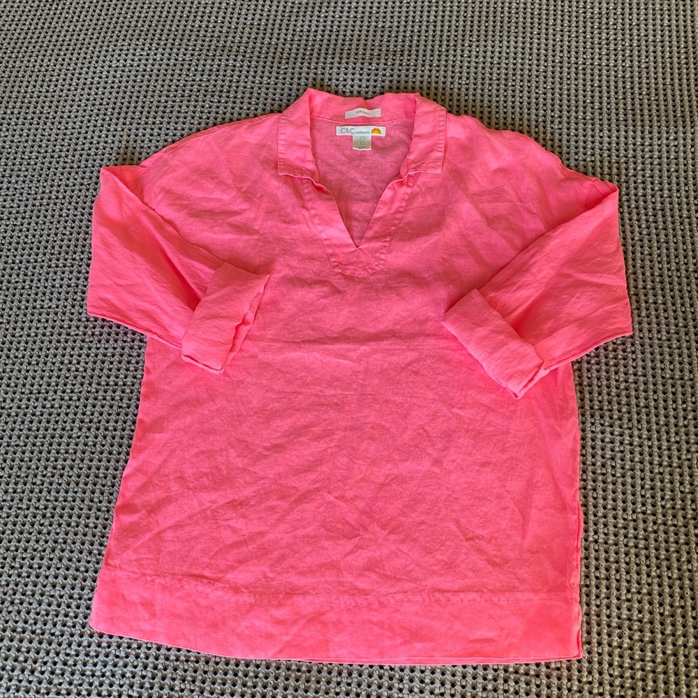 C&C California 100% linen shirt neon pink V-neck S